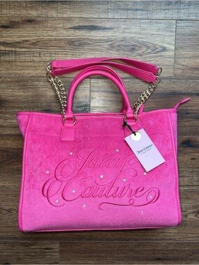 Juicy Couture Hot Pink Suede Tote with Gold Chain Straps
